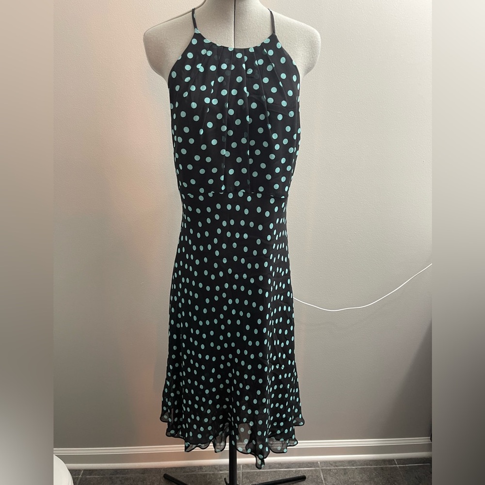 🌹Nine West Black and Teal Polka Dot Silk Chiffon Halter Dress Size 8